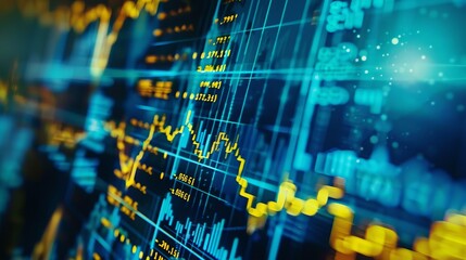 stock market charts on an interactive screen in blue and yellow