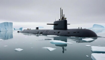 Obraz premium A submarine submerged in icy Arctic waters, with icebergs floating above and a pale, overcast sky 