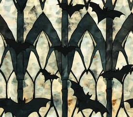 Seamless Pattern of Bats in Flight against Gothic Stained Glass Arches