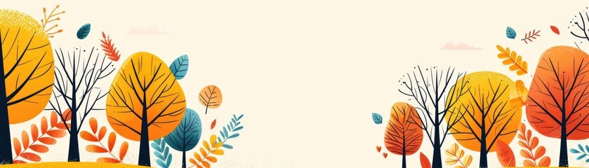 Yellow autumn scenery, wide views, lush ecosystems, flat design illustration