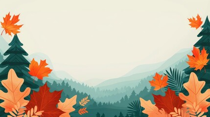 Autumn maple leaves, orange foliage, pine tree landscape, flat design illustration