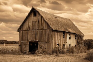 A rustic old barn standing alone in a green field, perfect for rural or countryside themed projects