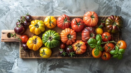 Colorful array of heirloom tomatoes on a wooden cutting board