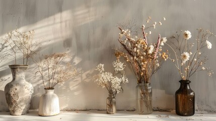 Fototapeta premium Dried flowers create a romantic atmosphere against a solid backdrop