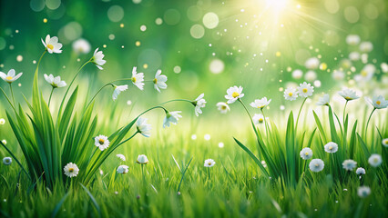 Fototapeta premium Serene spring banner featuring lush green grass and delicate white flowers swaying gently in the breeze, symbolizing renewal and nature's vibrant beauty.