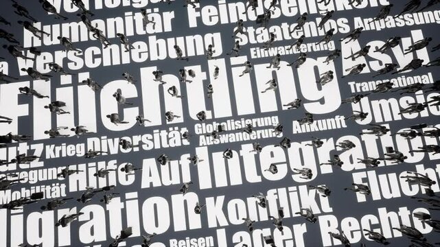 Refugee Migration With German Word Cloud And People Crowd