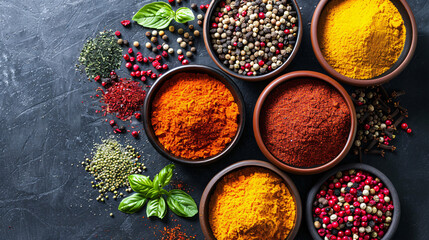Fototapeta premium Colorful spices in small bowls arranged on a dark background