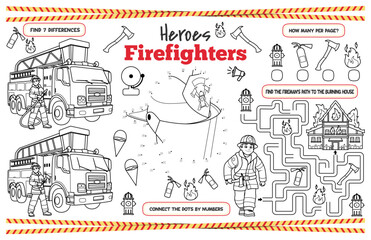 Festive placemat for children. Printable activity sheet "Heroes Firefighters" with a labyrinth, connect the dots and find differences. 17x11 inch printable vector file