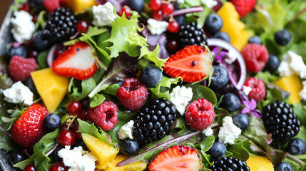 Colorful summer salad with mixed greens, berries, and goat cheese