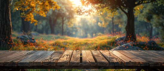 Wooden Table in a Sunlit Forest