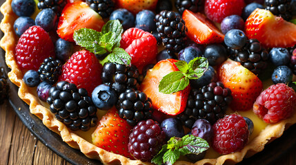 Obraz premium Colorful variety of fresh berries in a French fruit tart