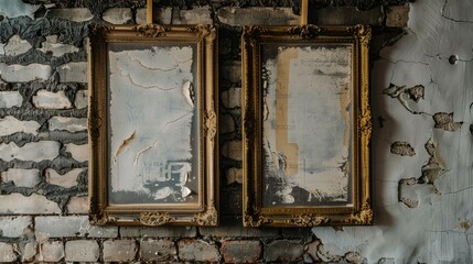 Naklejka premium Two antique postcard frames hung on pegs against aged brick wall palette