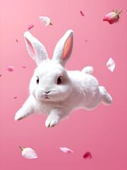 Flying white rabbit, cartoon style on pink