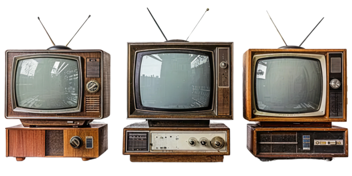 Collection set of four retro TV sets, old vintage mid-century television wooden box isolated on transparent background