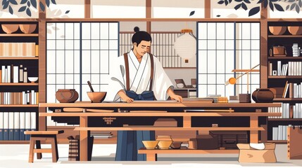 Japanese male carpenter, traditional workshop setting, flat design illustration, art nouveau and symbolism