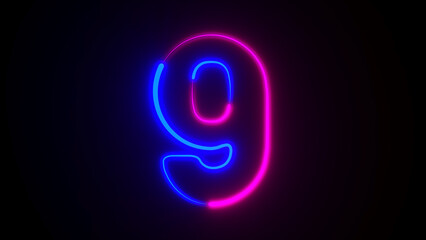 Neon number nine on dark background. 3D illustration