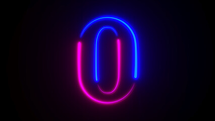 Neon number zero on dark background. 3D illustration