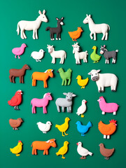 Farm animals in plasticine on a green background
