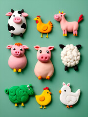 Obraz premium Assorted farm animals in playdough on green