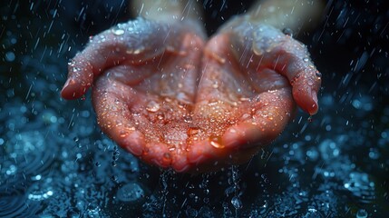 Fototapeta premium Hands cupped in the rain, catching droplets