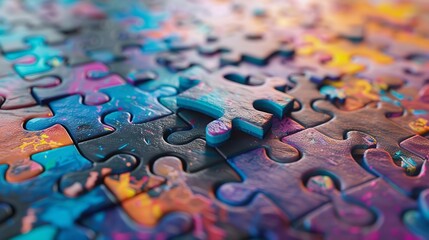 A colorful jigsaw puzzle with a blue missing 