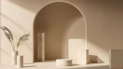Minimalistic geometric stone product display platform with a soft beige background.