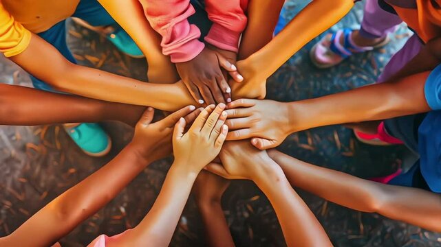 joining hands one on top of the other of different people and ethnicities
