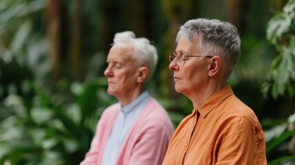 Senior couple meditating in garden with eyes closed.