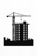 Illustration minimaliste en noir et blanc montrant une grue de chantier au-dessus d'un immeuble en construction, logo ou image pour entreprise de BTP, construction et bâtiment