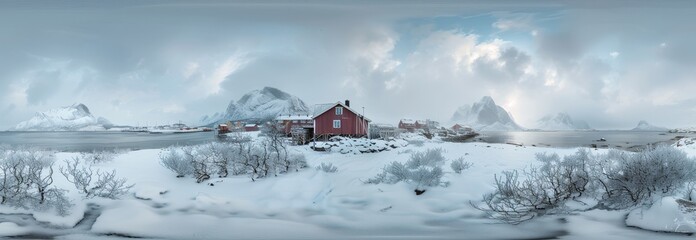 An evening at shore with a traditional red shack in the mist