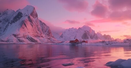 Red cabin and snowy mountains