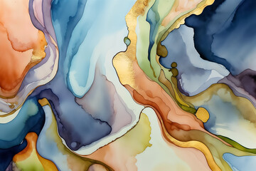 Abstract fluid art painting with colorful flowing shapes and gold accents. Modern and vibrant watercolor style for design and print. Design for poster, wallpaper, greeting card, invitation, postcard.