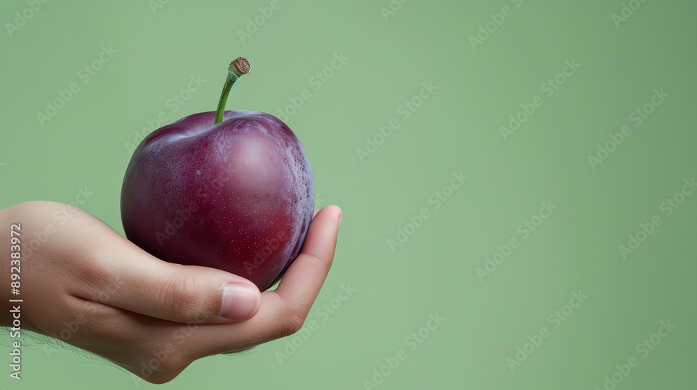 Canvas Prints A hand holding a single, ripe plum on a green background.