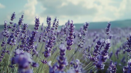 Obraz premium A field of lavender flowers with a blue sky in the background.
