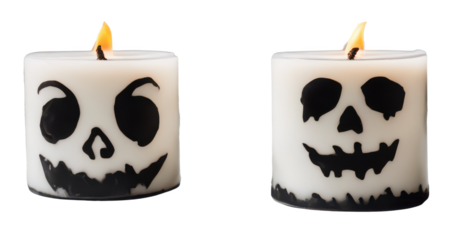 Two spooky Halloween candles with skull designs isolate on transparent background, cutout, png