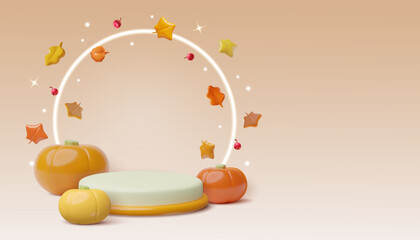 Autumn 3d realistic vector podium. Product background render with neon ring, sparkles, flying leaves and pumpkins. 