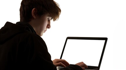 A silhouette of a young person working on a laptop against a bright background.