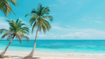 Obraz premium Serene Tropical Beach Paradise with Turquoise Water, Soft Sand, and Palm Trees in Warm Sunlight