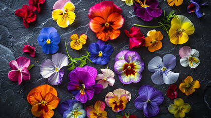 Colorful variety of fresh edible flowers on dark background