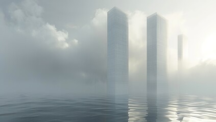 Fototapeta premium 3D Render of Tall Rectangular White Buildings Emerging from Water in Foggy Minimalistic Landscape