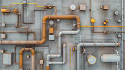 A large industrial pipe system with yellow and orange pipes