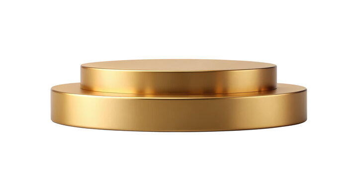 A two-tier gold pedestal stand designed for product display, featuring a sleek and modern finish. Isolated on transparent background, png.