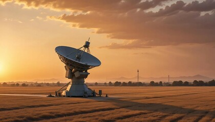 An air defense radar system set against a backdrop of a golden sunset, with long shadows stretching across the open field
