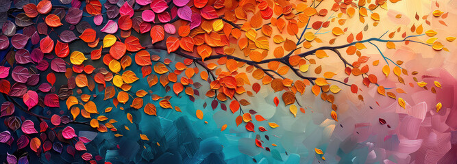 Elegant colorful tree with vibrant leaves hanging branches illustration background. Bright color 3d abstraction wallpaper for interior mural painting wall art decor. Ai	