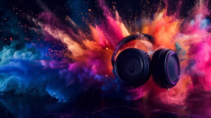 black and pink headphones sits amidst a vibrant explosion of colorful powder, The headphones are the focal point, with the powder swirling around them in a mesmerizing display of color and movement. 