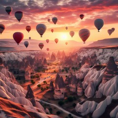 Obraz premium Hot air balloons flying in sunset Volcanic rock formations in Cappadocia, Anatolia, Turkey.