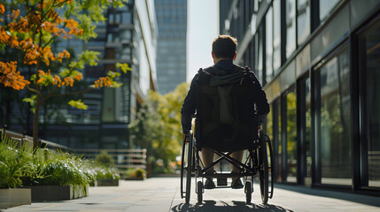 Obraz premium Person in a wheelchair enjoying a sunny day in the city.