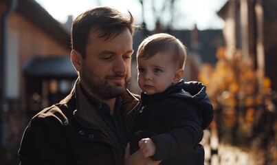 Fototapeta premium cinematic photo of a young man holding his one-year-old son dressed for winter with a dark jacket and black jeans outside their house in a village with warm colors and natural sunlight