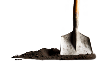 Close up of a metallic shovel resting on a pile of dark soil isolate on transparent background, cutout, png 