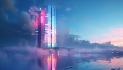 Fototapeta premium 3D Render of Tall Building on Water with Colorful Lights and Misty Clouds in Calm Blue Sky